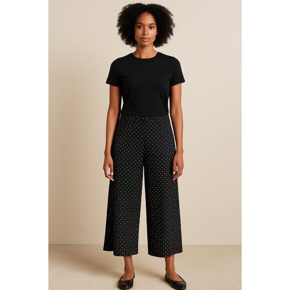 Isaac Mizrahi Live Black Polka Dot Wide Leg Cropped Pants XS Stretch Pull On - Picture 1 of 8
